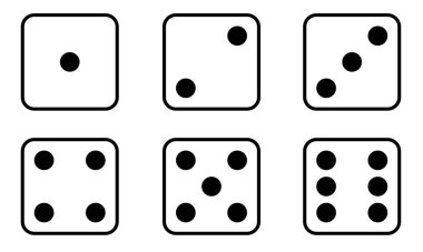 Dice simgesi seti. Geleneksel ölüm, 1 'den 6' ya kadar değişen noktalar ve çekirdekler ile işaretlenmiş altı yüzlü..