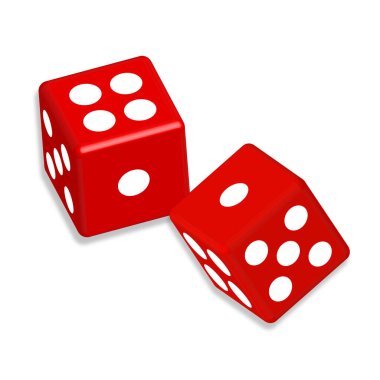 Beyaz arka planda gölgesi olan iki kırmızı zar küpü. Kumarhane kumar şablonu.