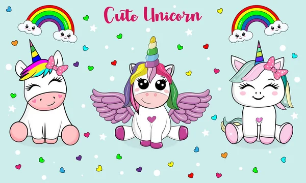 Conjunto Lindos Unicornios Diferentes Aislados Sobre Fondo Claro Estilo Plano — Archivo Imágenes Vectoriales