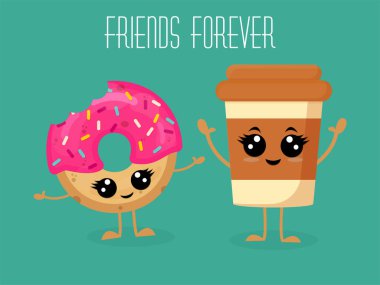 Güzel bir kahve ve çörek. En iyi arkadaşlar. Çizgi film karakterleri. Kart, poster, afiş, web tasarımı ve tişört baskısı için kullanın. Vektör illüstrasyonu.