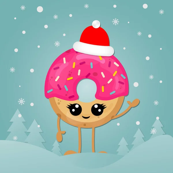 Ciambella Natale Vestita Con Cappello Babbo Natale Cartone Animato Carino — Vettoriale Stock