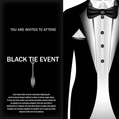 Smokin etkinliği davetiyesi. Fiyonklu gerçekçi siyah takım elbise tasviri. 