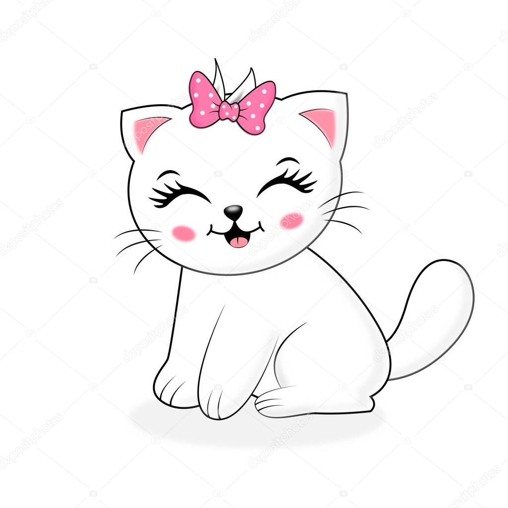 Funny kitten sitting and smiling. Cartoon cat isolated on a white background