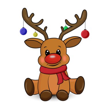 Kırmızı eşarplı ve noel toplu çizgi film geyiği. Ren geyiği çocuğu beyaz arka planda oturuyor. 