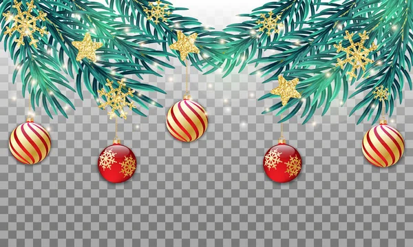 青いモミの枝 金の星と雪の結晶との境界 透明な背景に隔離された休日のイラスト ブルースプルース クリスマス常緑植物バナー — ストックベクタ