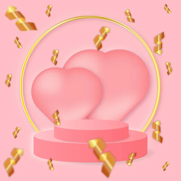 Ροζ Σκηνή Καρδιές Μπαλόνι Κομφετί Ροζ Φόντο Απόδοση — Διανυσματικό Αρχείο