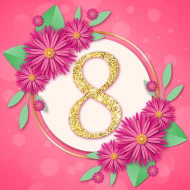 8 Mart Uluslararası Kadınlar Günü. Çiçek elementli, sekiz numaralı parlak simli tebrik kartı. Broşür, kartpostal, tebrik kartı, afiş vesaire için tasarım