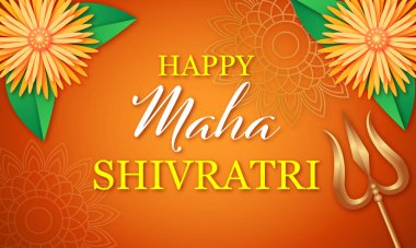 Çiçeklerle ve Trishula ile Mutlu Maha Shivaratri Özgeçmişi. Hindu Festivali Şiva Lordu, Poster veya Sancak Arkaplanını Kutla.