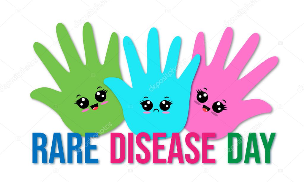 World Rare Disease Day banner. Cartoon hands in pink, blue, green colours. 29 February Rare Disease day.