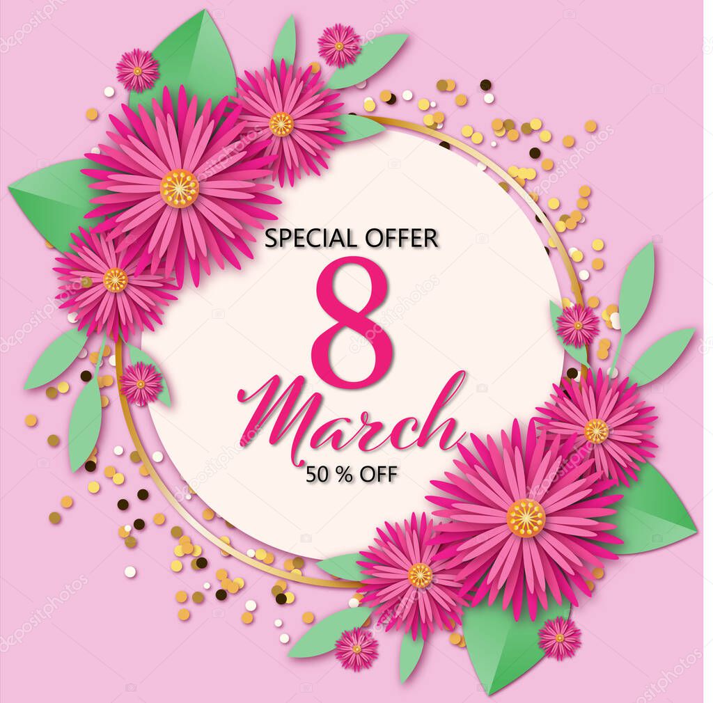 Women's day sale template with flowers elements and discount 50 persent. Design for social media advertising, invitation or poster.