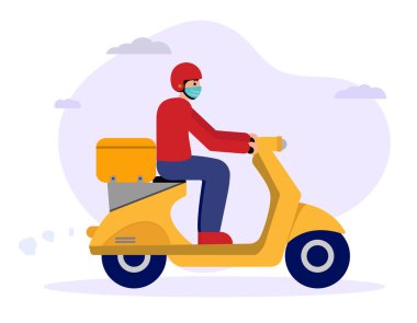 Tıbbi maskeli genç kurye ürünleri teslim ediyor. 