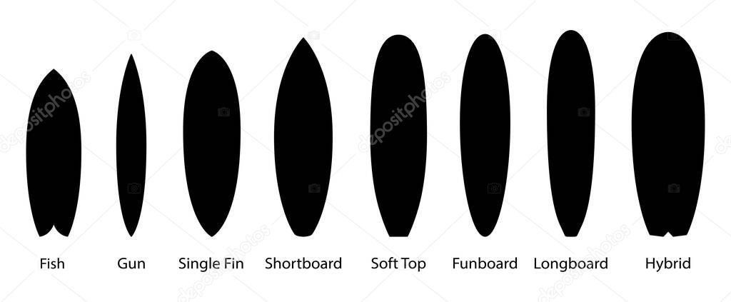 Big set of black surfboards types