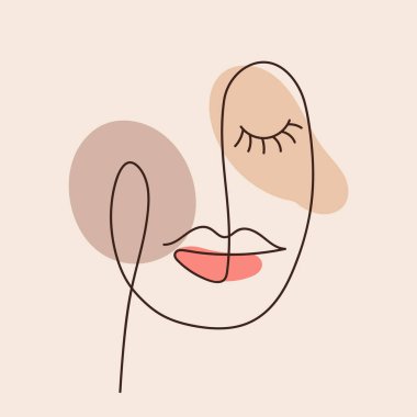 Güzel kadın yüzü. Sürekli bir çizgi çizme stili. Soyut, minimal kadın portresi. Logo, simge, etiket. Spa salonu veya organik kozmetik ürünleri için tasarım