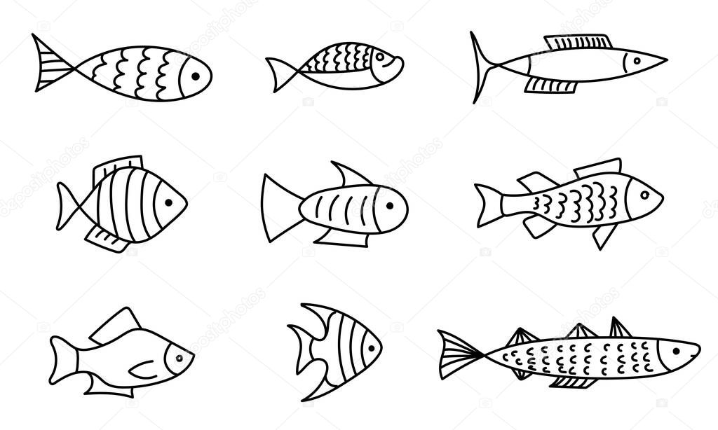 Set of sketch line drawing fish icons
