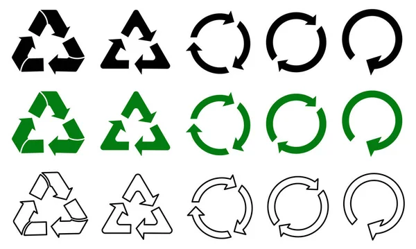 Conjunto Iconos Reciclaje Verde Negro Contorno Reciclar Signos Ilustración Vectorial — Vector de stock