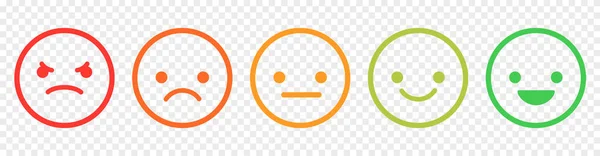 Farklı ruh halleri olan bir dizi ifade. Çizgi sanatı tarzı. Emoji 'den iyiden kötüye. Vektör illüstrasyonu şeffaf arkaplanda izole edildi