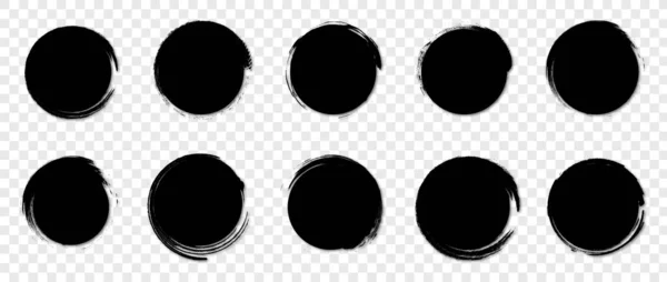 Grunge Runde Formen Schwarzer Kreis Pinselstrich Pinselstempelkollektion Isoliert Auf Transparentem — Stockvektor