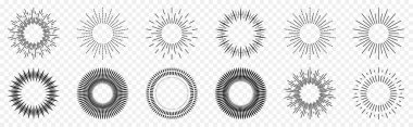 Sunburst set. Radial sunset beams. Vector illustration isolated on transparent background