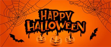 Balkabakları, Yarasalar ve Örümcekler Ağı ile Cadılar Bayramı Bayrağınız kutlu olsun. Vektör İllüstrasyonu