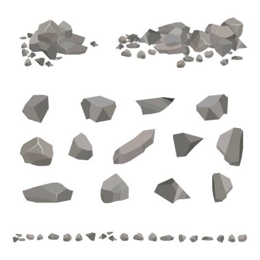 Farklı şekillerde gri granit taşlar. Doğa elementi, dağlar, kayalar, mağaralar. Mineraller, kaya ve kaldırım taşı. İzole edilmiş beyaz arkaplanda vektör illüstrasyonu