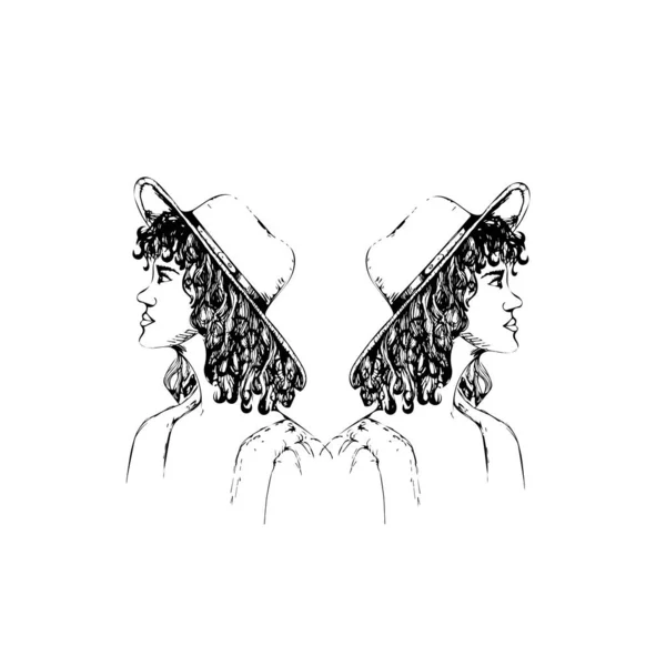 Girls Curly Hair Hat Hand Drawn Vector Sketch — Stock Photo, Image