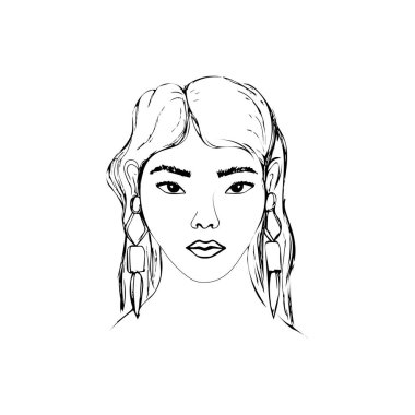 Asyalı kızların kafası, elle çizilmiş vektör çizimi.