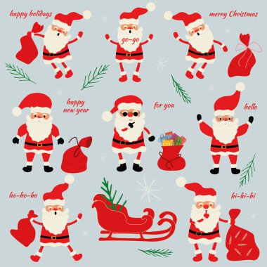 Noel için Noel Baba çıkartmaları. Noel tebrikleri, illüstrasyonlar.