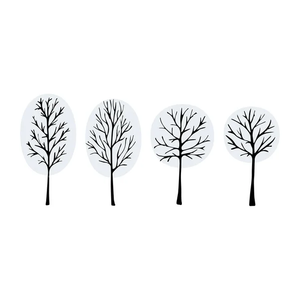 Naakte bomen silhouetten gezet. Handgetekende geïsoleerde illustraties — Stockvector