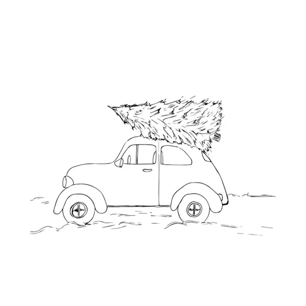 Auto mit Weihnachtsbaum. Vector Vintage Illustration eines Weihnachtsautos mit einem Weihnachtsbaum auf weißem Hintergrund. Retro-Karte. — Stockvektor