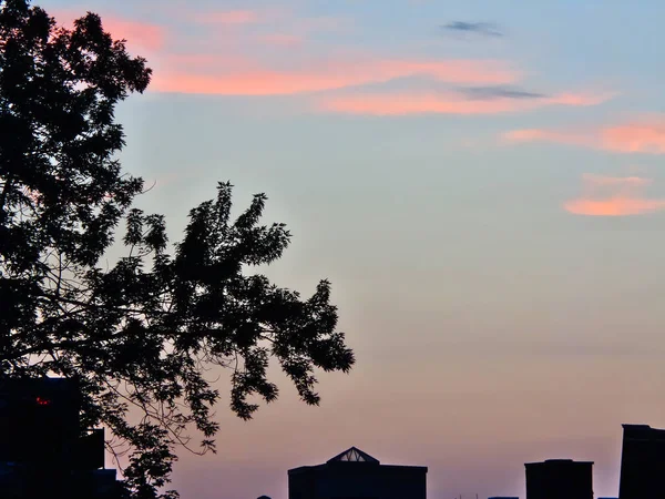 Céu Nuvens Amanhecer Com Uma Sombra Galhos Árvores Telhados — Fotografia de Stock