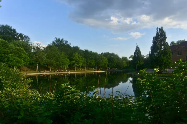 Reflektioner Träd Och Moln Sjön Vatten Med Molnig Himmel Med — Stockfoto