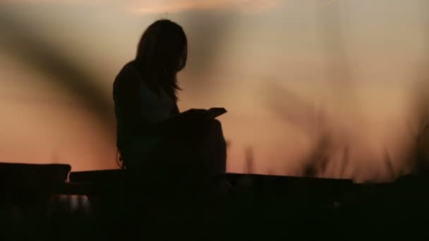 Frau liest bei Sonnenuntergang — Stockvideo