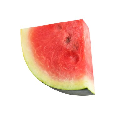 Taze kırmızı karpuz dilimleri ya da parçalar ve kesme yolu ile yarı izole edilmiş, beyaz arkaplanda gölge yok.