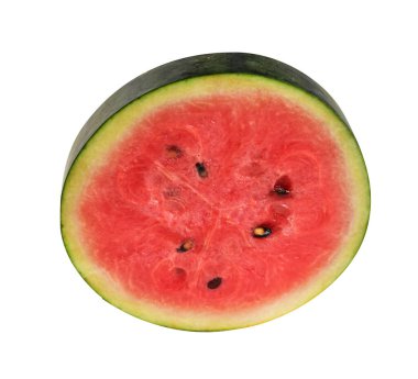 Taze kırmızı karpuz dilimleri ya da parçalar ve kesme yolu ile yarı izole edilmiş, beyaz arkaplanda gölge yok.
