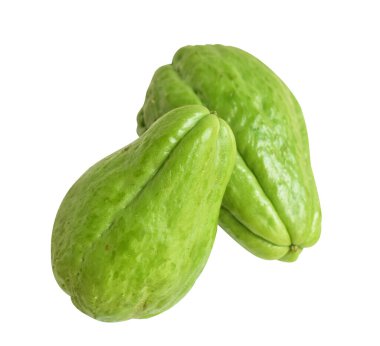 Kırpma yolu ile izole edilmiş taze chayote (Sechium edule), beyaz arka planda gölge yok, sebze ve meyve