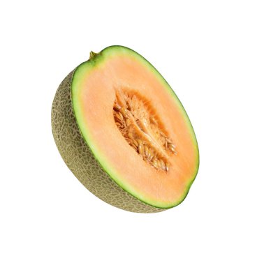 Kesme yolu ile izole edilmiş taze kavun Japon meyvesi, beyaz arka planda gölge yok, dilimle, yarım, parçalar