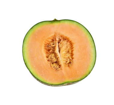 Kesme yolu ile izole edilmiş taze kavun Japon meyvesi, beyaz arka planda gölge yok, dilimle, yarım, parçalar