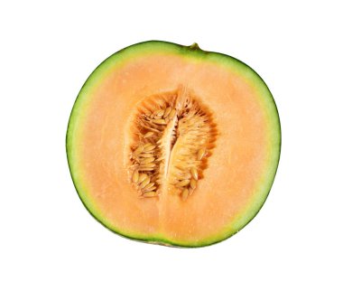 Kesme yolu ile izole edilmiş taze kavun Japon meyvesi, beyaz arka planda gölge yok, dilimle, yarım, parçalar
