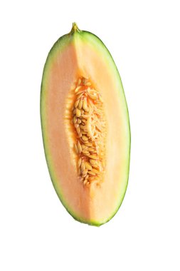 Kesme yolu ile izole edilmiş taze kavun Japon meyvesi, beyaz arka planda gölge yok, dilimle, yarım, parçalar