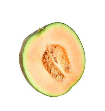 Kesme yolu ile izole edilmiş taze kavun Japon meyvesi, beyaz arka planda gölge yok, dilimle, yarım, parçalar