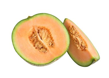 Kesme yolu ile izole edilmiş taze kavun Japon meyvesi, beyaz arka planda gölge yok, dilimle, yarım, parçalar