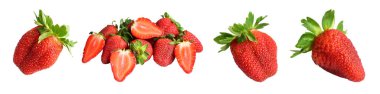 Beyaz arka planda kırpma yolu ile izole edilmiş çilekler, gölge yok, çilek dilimleri / yarım /