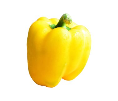 Sarı dolma biber, kesme yolu olan beyaz arkaplanda izole edilmiş, gölge yok, dilimler, yarısı