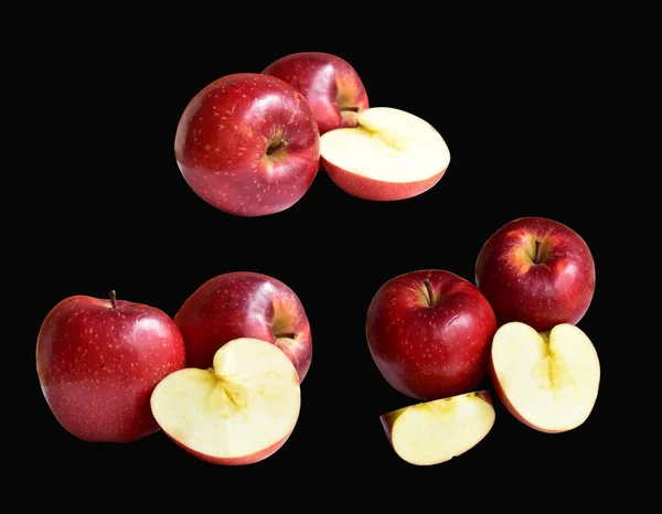 Κόκκινα Μήλα Φέτα Απομονωμένη Μονοπάτι Αποκοπής Μαύρο Φόντο Χωρίς Σκιά — Φωτογραφία Αρχείου
