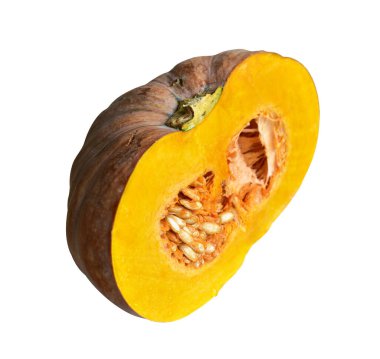 Dilimlenmiş balkabağı ya da balkabağı parçaları beyaz arka planda kırpma yolu var, gölgesi yok