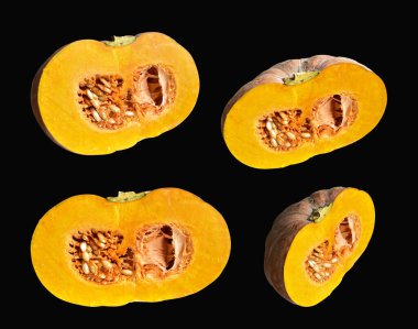 Dilimlenmiş balkabağı ya da balkabağı parçaları beyaz arka planda kırpma yolu var, gölgesi yok