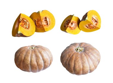 Dilimlenmiş balkabağı ya da balkabağı parçaları beyaz arka planda kırpma yolu var, gölgesi yok