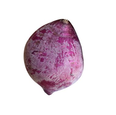 Kesme yolu ile izole edilmiş mor tatlı patatesler, beyaz arka planda gölge yok.