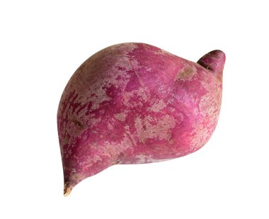 Kesme yolu ile izole edilmiş mor tatlı patatesler, beyaz arka planda gölge yok.