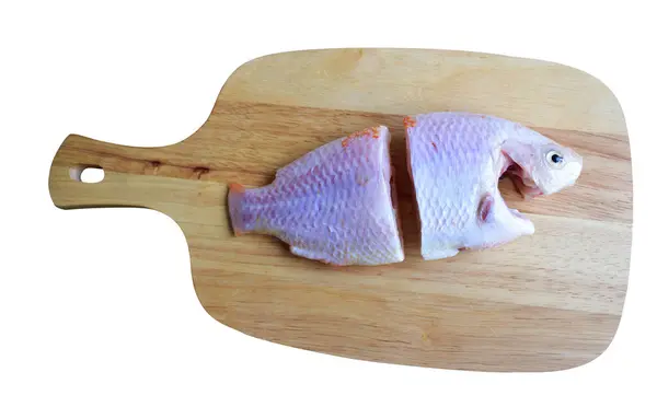 Poisson Frais Isolé Avec Chemin Coupe Planche Découper Fond Blanc — Photo